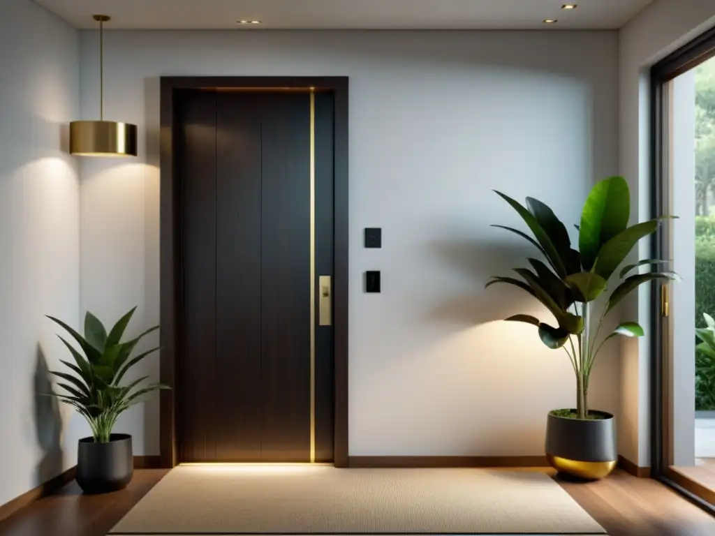 Entrada minimalista con puerta de madera oscura y manija de latón pulido, paredes blancas y planta, armonización entrada Feng Shui hogar