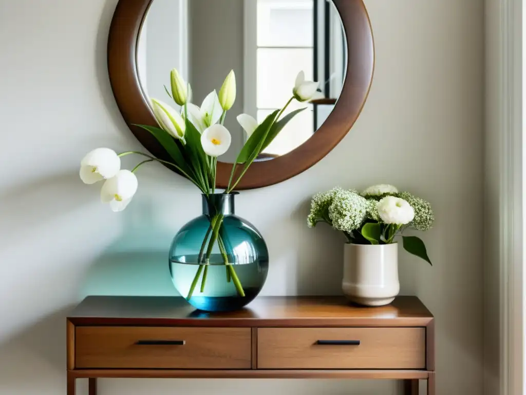 Un rincón de entrada con mueble de madera estrecho adornado con elementos decorativos y flores frescas, bañado en luz natural