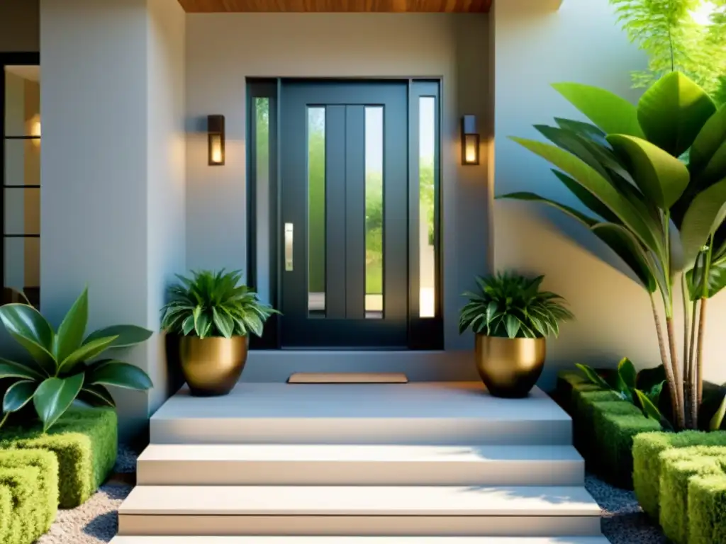 Entrada principal acogedora con diseño minimalista y armonioso, iluminada por la suave luz del sol