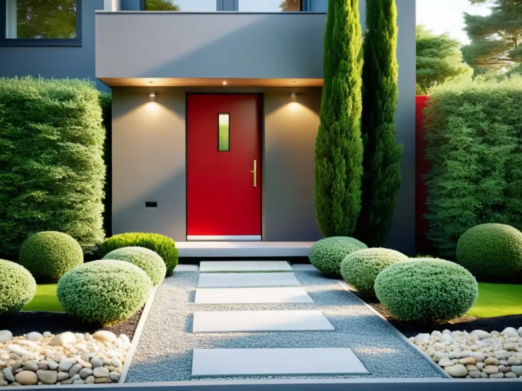 Entrada principal armoniosa con jardines cuidados y una puerta roja impactante