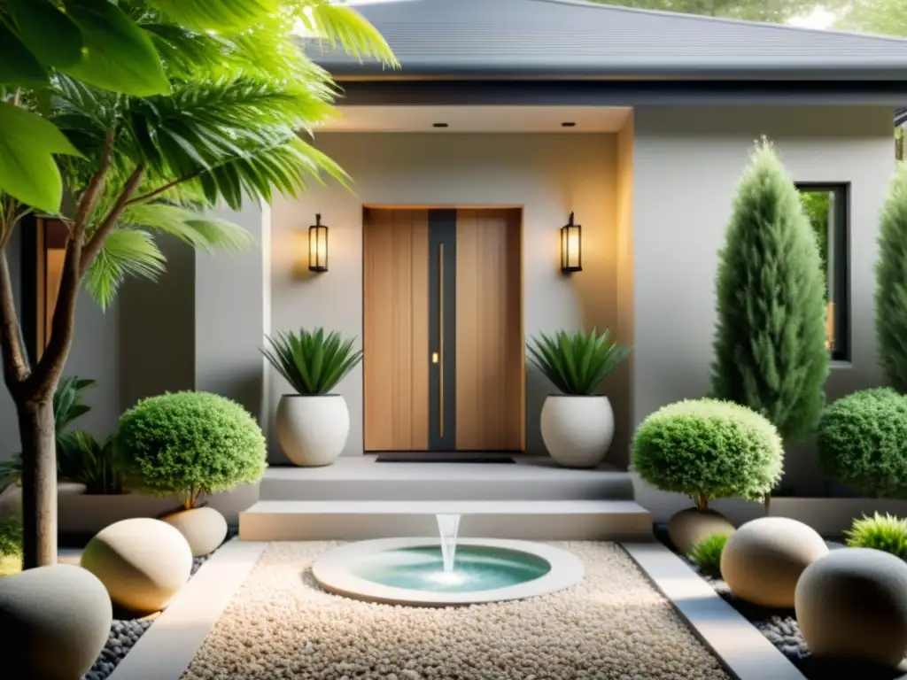 Entrada principal de diseño limpio y minimalista con elementos de Feng Shui, rodeada de plantas simétricas y una fuente tranquila