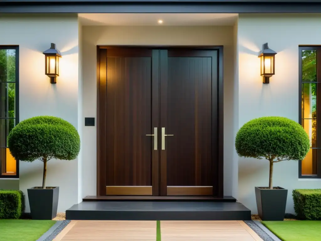 Entrada principal con limpieza energética y equilibrio según el Feng Shui, puertas dobles de madera oscura y plantas simétricas bien cuidadas