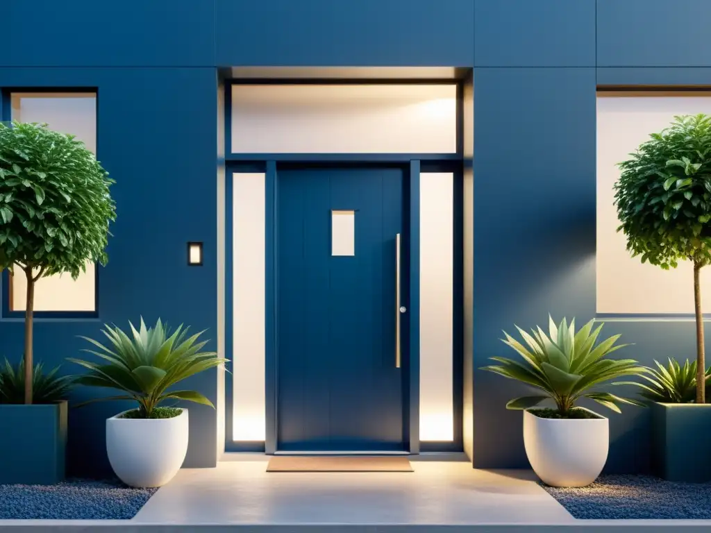 Entrada principal de limpieza energética según el Feng Shui, con puerta azul serena y plantas