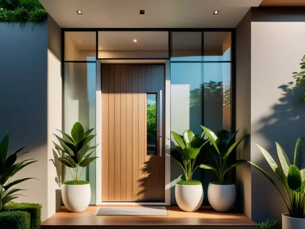 Entrada principal de madera minimalista con detalles de Feng Shui y ambiente acogedor entre vegetación exuberante y luz solar filtrada