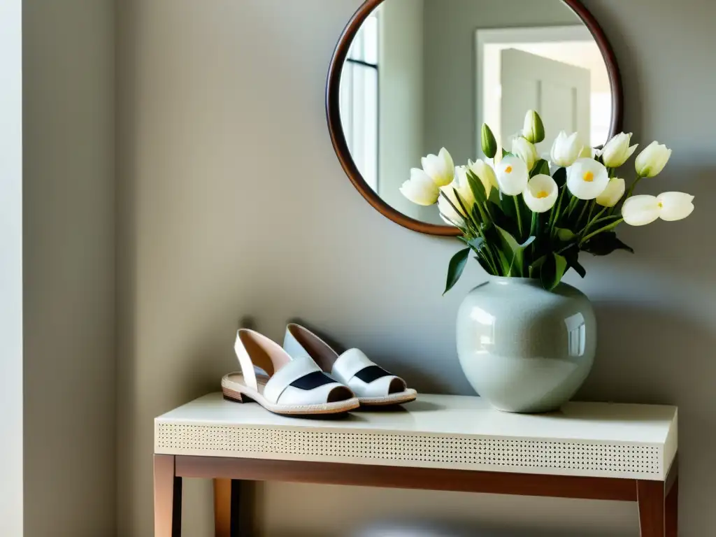 Entrada serena con mesa decorada en tonos neutros, reflejos de luz natural y zapatillas ordenadas, encarnando el Feng Shui en hogares pequeños