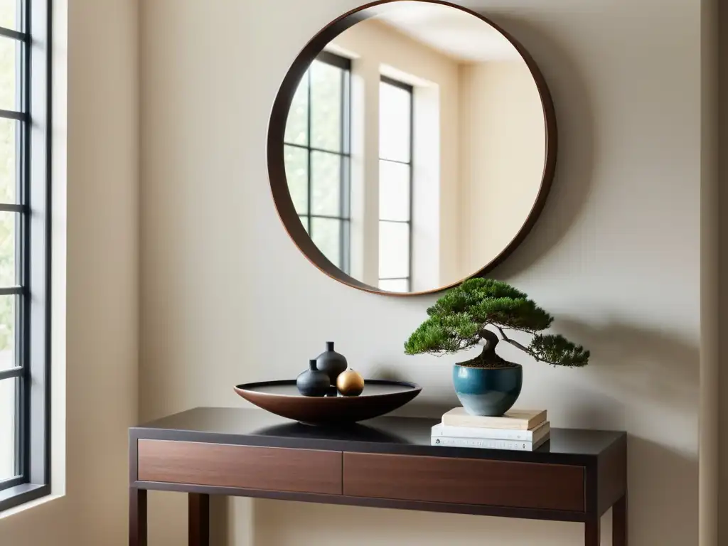 Decoración recibidor Feng Shui: Entrada serena y minimalista con mueble de madera oscura, bonsái, espejo moderno y luz suave