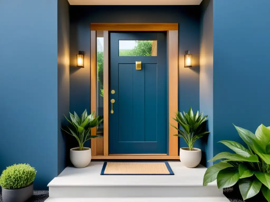 Entrada serena y minimalista con puerta de madera, plantas, luz suave y consejos Feng Shui para armonizar entrada