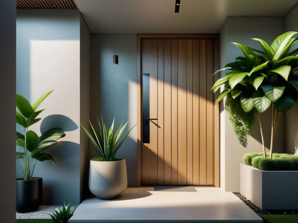 Una entrada serena y minimalista con una puerta de madera elegante rodeada de exuberantes plantas verdes, bañada en suave luz natural