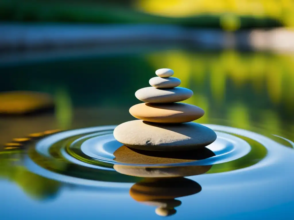 Equilibrio y armonía en una escena serena: una escultura de rocas equilibradas en una piscina tranquila