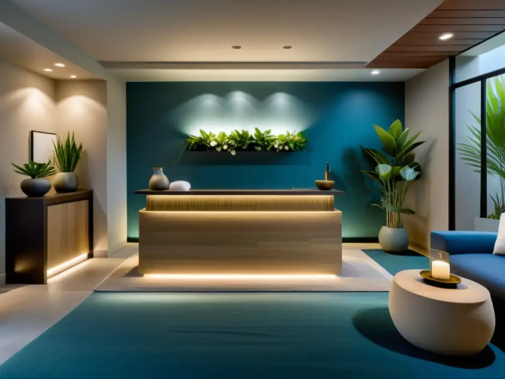 Recepción de spa serena y armoniosa con Feng Shui Diseño de recepción spa Feng Shui con equilibrio y armonía, invitando a la tranquilidad y relajación