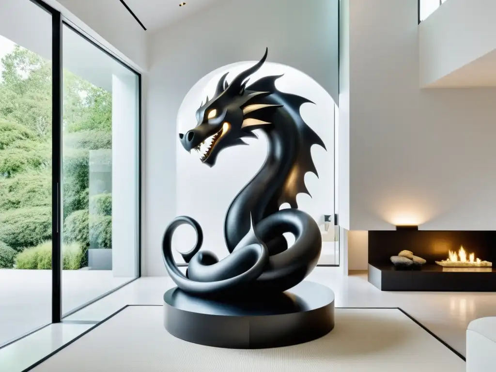 Equilibrio energético con esculturas de animales: Sala minimalista blanca con escultura de dragón negro como punto focal, creando armonía y serenidad