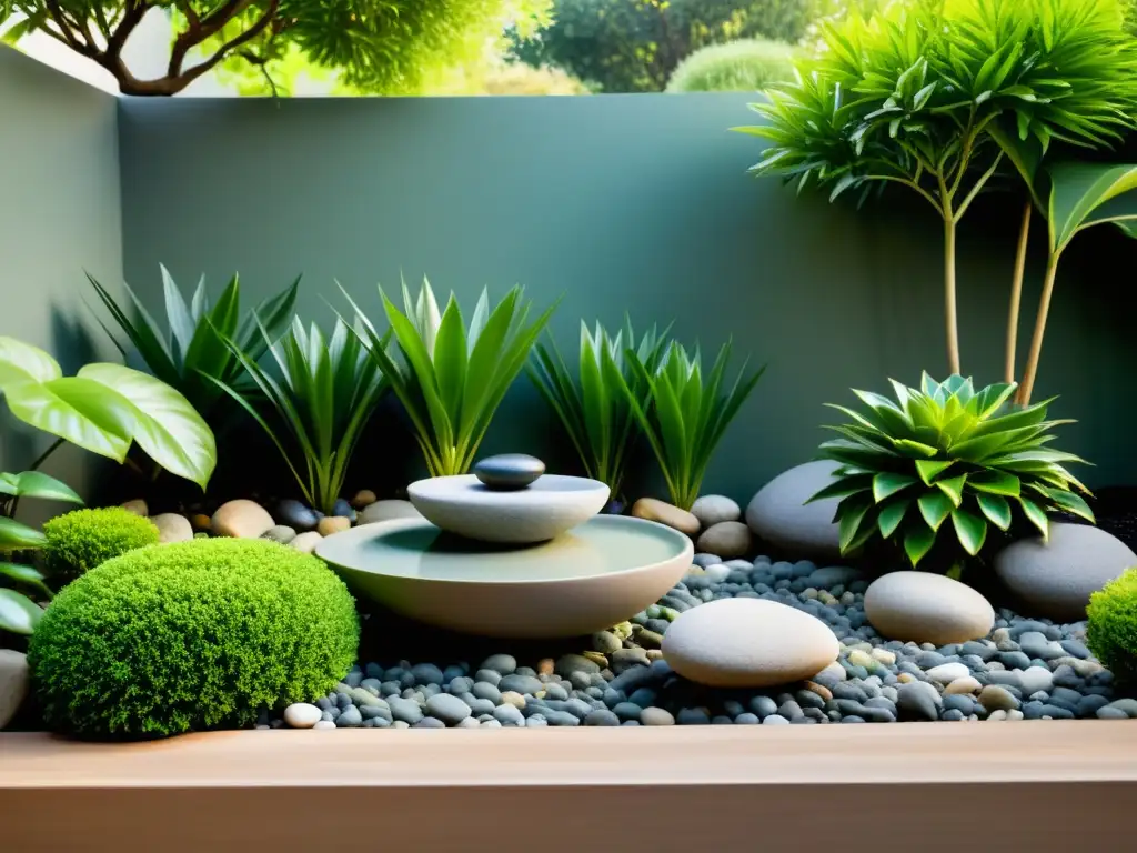 Un jardín hogareño en equilibrio según el Feng Shui, con vegetación exuberante y un pequeño estanque