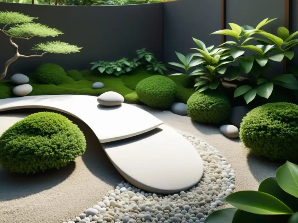 Jardín Feng Shui con equilibrio perfecto, piedras suaves y puente curvo, rodeado de verde exuberante y luz suave