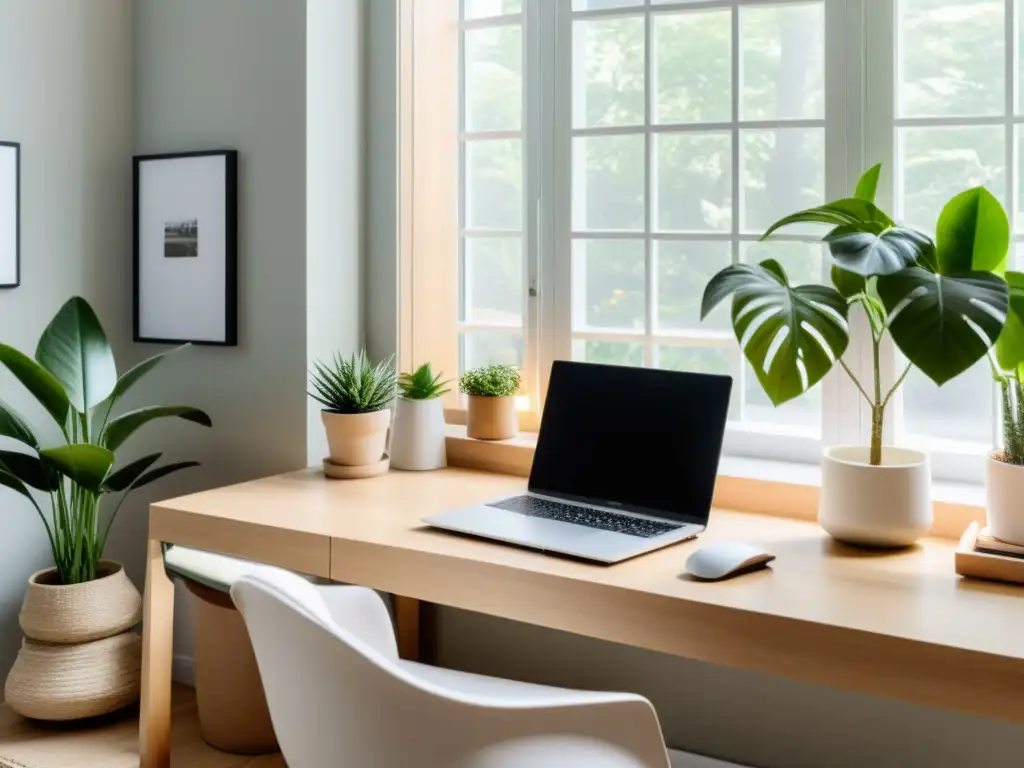 Feng Shui en la Era de la Información: Un espacio sereno y minimalista con luz natural, un escritorio elegante y toques de verde