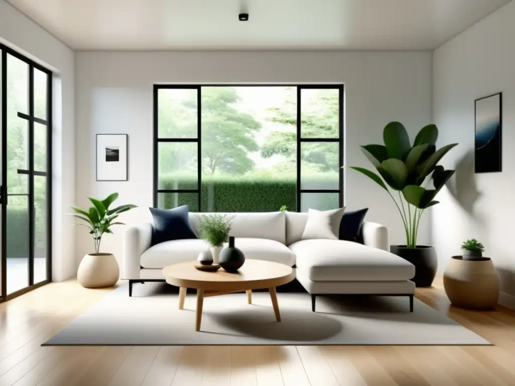 Diseño escandinavo armonización hogar Feng Shui: Sala minimalista con luz natural, sofá blanco y plantas