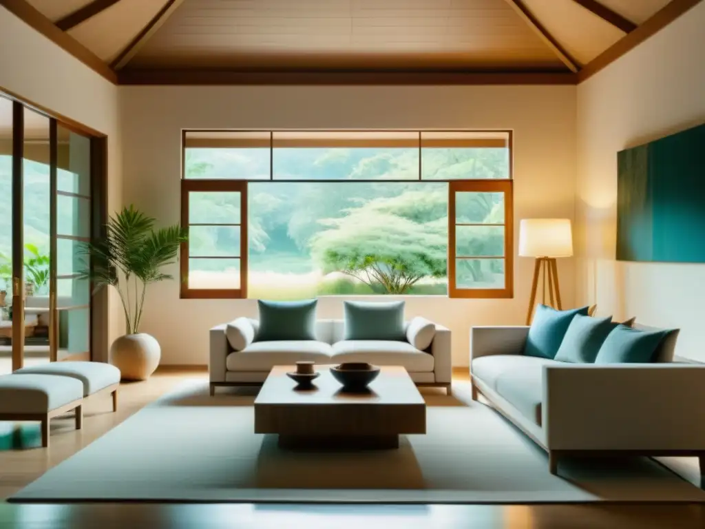 Escena icónica de cine Feng Shui con mobiliario y decoración minimalista, equilibrio y serenidad