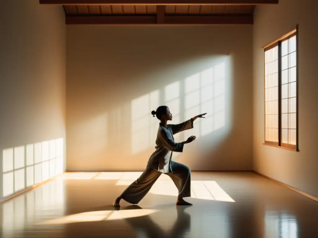 Una escena serena y minimalista de Tai Chi, con una persona en movimiento fluido en una habitación soleada y tranquila