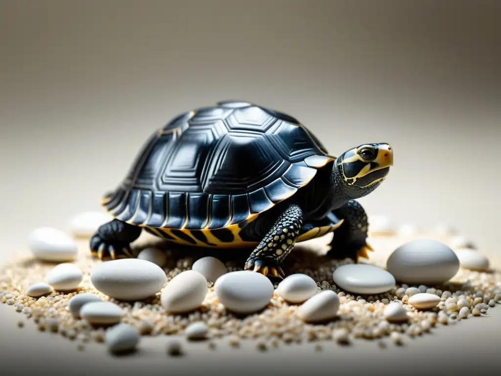 Una escena serena con una tortuga negra en equilibrio sobre piedras blancas suaves, reflejando luz suave