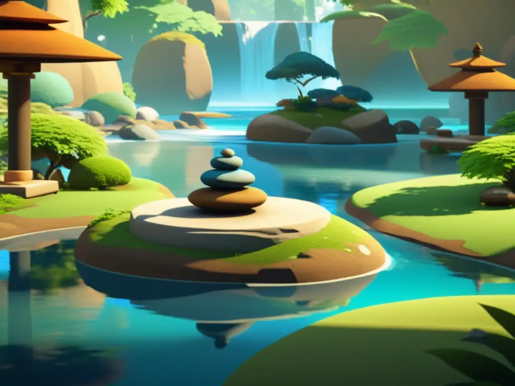 Escena de videojuego con diseño Feng Shui, jardín tranquilo, agua serena y armonía natural