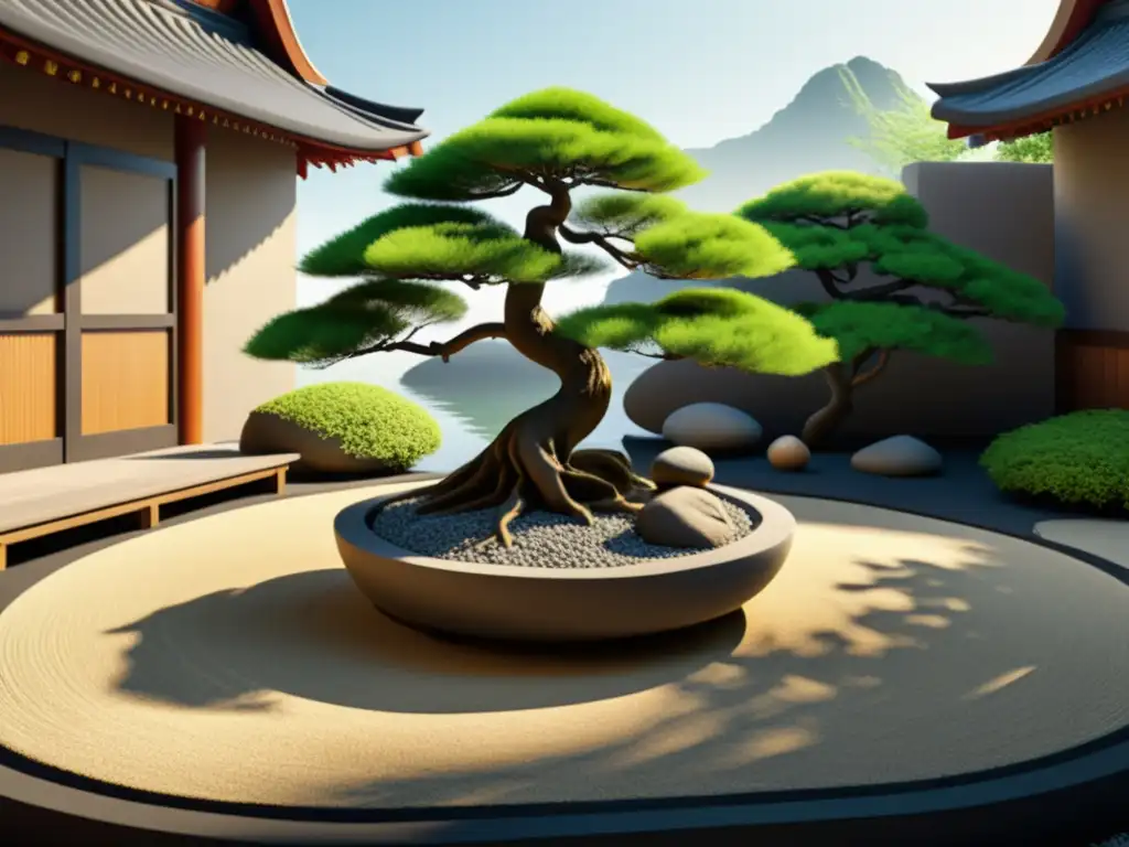 Escena virtual de jardín Feng Shui con flujo de Chi en hogar, armonía y serenidad