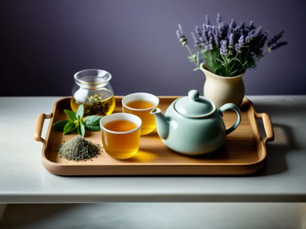 Escena zen en una cocina con alimentos y bebidas para relajación Feng Shui, destacando un arreglo de tés y hierbas relajantes