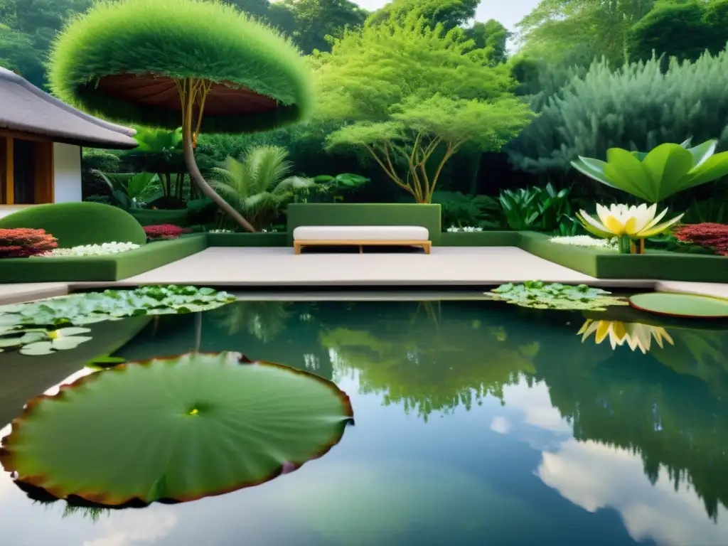 Un escenario armónico y tranquilo para eventos especiales, con elementos de Feng Shui, rodeado de naturaleza exuberante y una serena laguna con nenúfares y flores