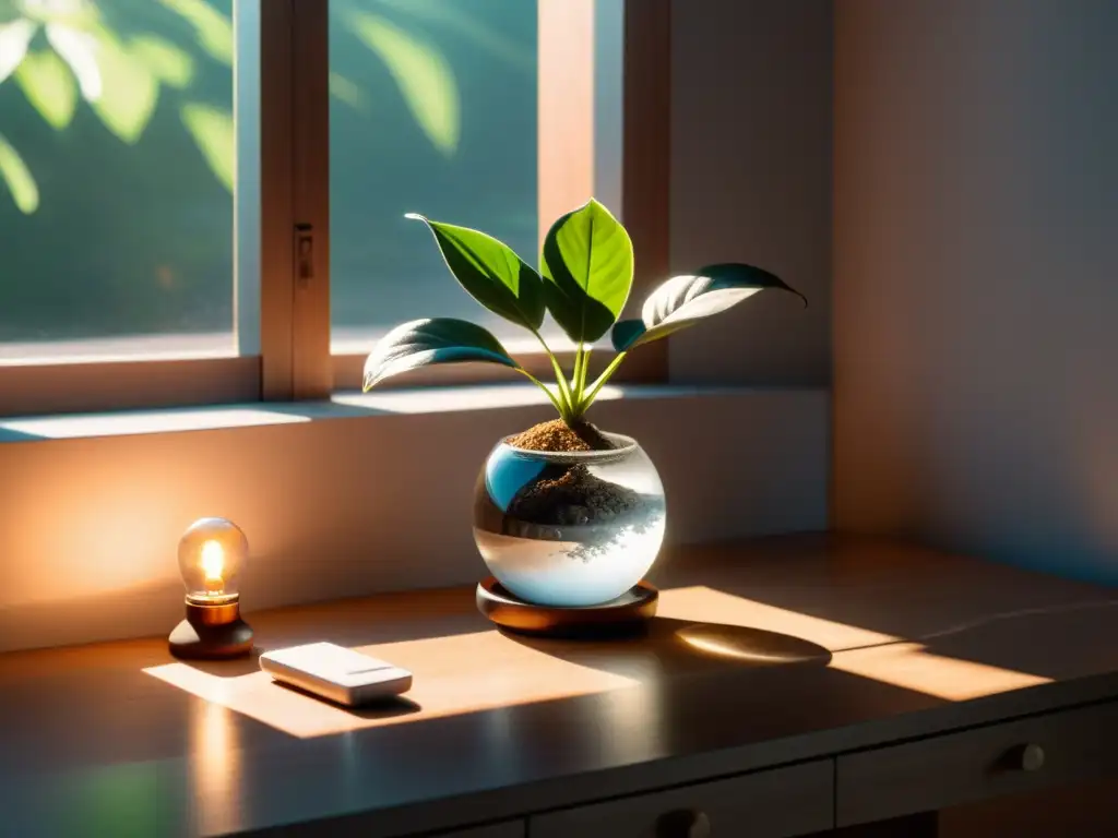 El escritorio despejado con cristal de cuarzo, planta y lámpara de sal emite paz y armonía, ideal para limpiar energía objetos personales Feng Shui