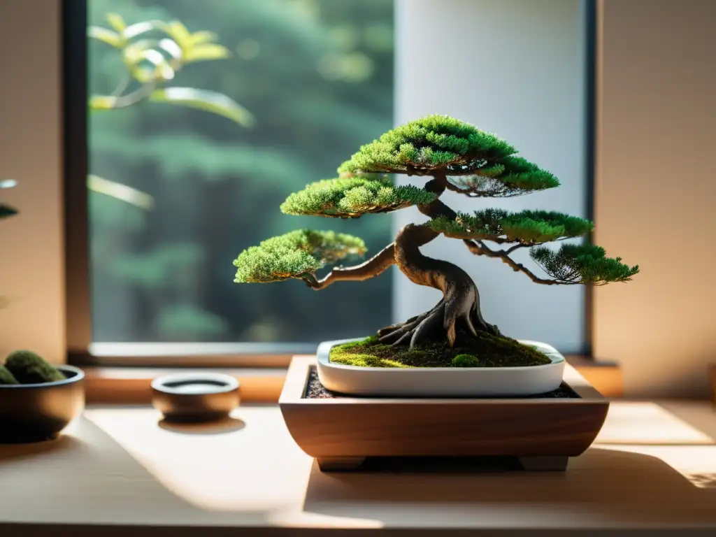 Un escritorio de madera minimalista con un bonsái en una maceta blanca, bañado por luz natural