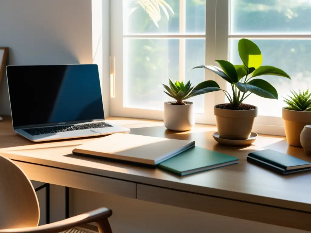 Un escritorio de madera minimalista junto a una ventana iluminada por el sol, decorado con plantas, un elegante portátil y artículos de papelería