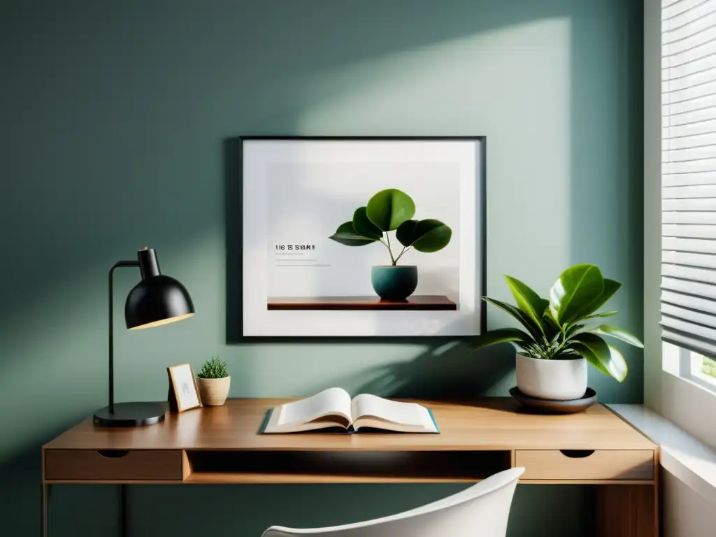 Un escritorio minimalista armonizado con Feng Shui, con libros, planta y arte, bañado por la luz natural