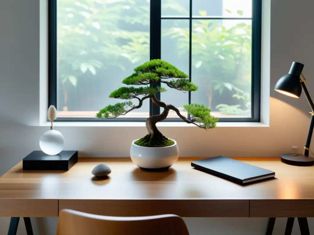 Escritorio minimalista con objetos Feng Shui para éxito: planta, cuarzo, bonsái y jardín zen, bañado en luz natural