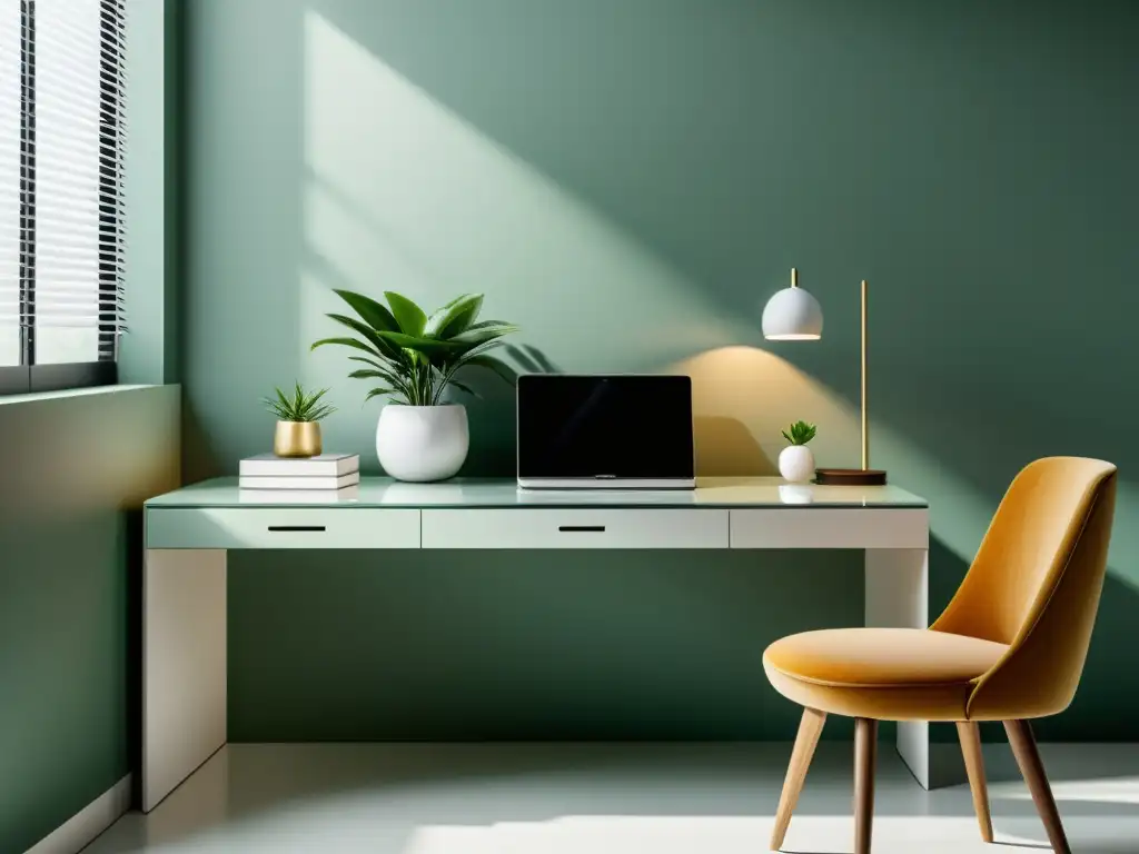 Escritorio minimalista con espejo reflejando luz natural y vegetación, siguiendo principios de Feng Shui para creatividad en trabajo