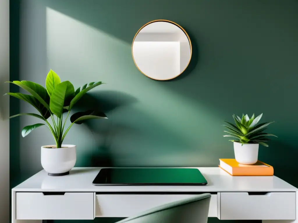 Un escritorio minimalista con espejo, luz natural y planta, siguiendo principios de Feng Shui para creatividad en trabajo