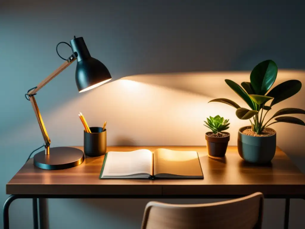 Escritorio minimalista con iluminación Feng Shui para estudios luminosos: lámpara moderna, plantas y laptop organizada en un espacio sereno