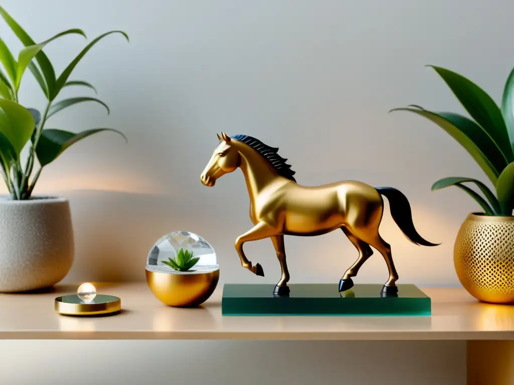 Un escritorio minimalista con objetos Feng Shui para éxito: un peso de papel de cuarzo, una planta y una estatua de caballo dorado