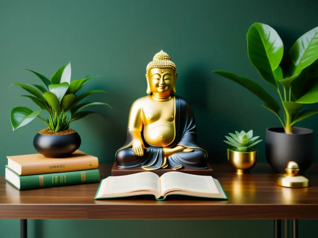 Escritorio minimalista con figura dorada de Buda riendo, plantas verdes y libros