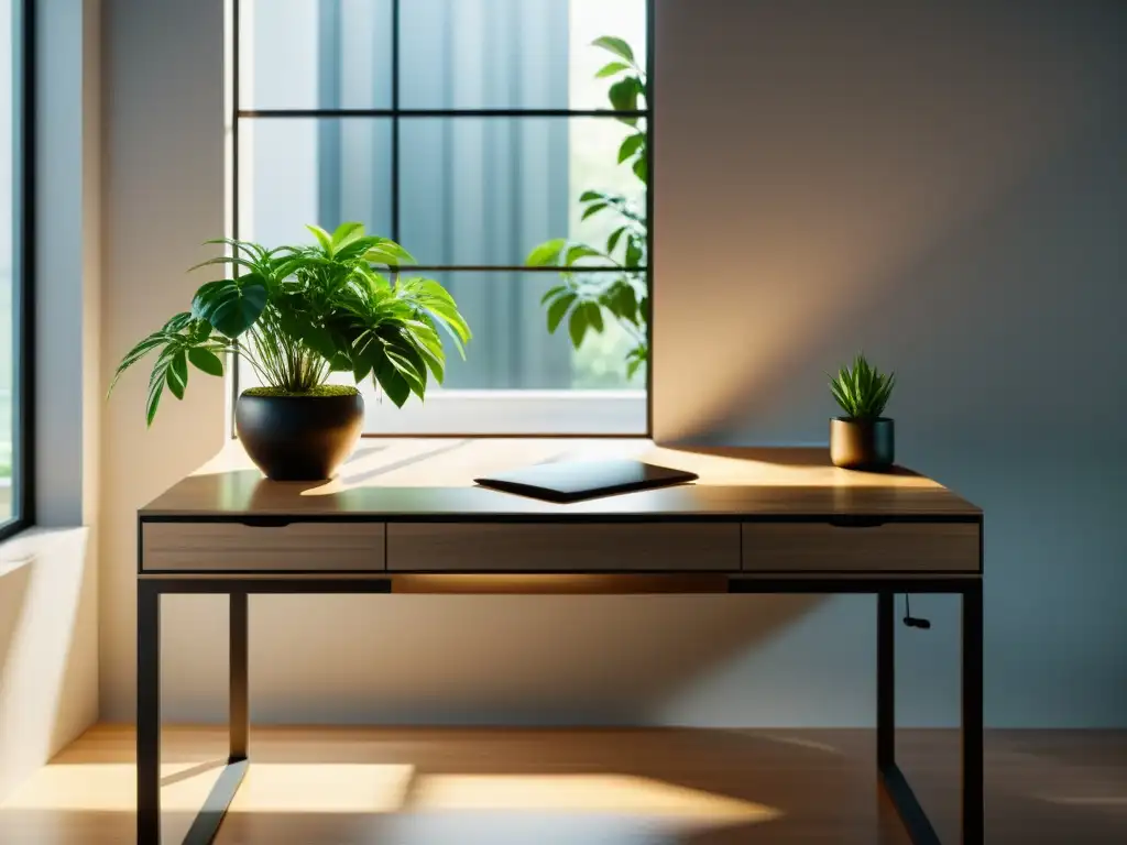 Escritorio minimalista con fuente de agua, planta verde y luz natural, para un ambiente vivo y armonioso según el Feng Shui en oficinas