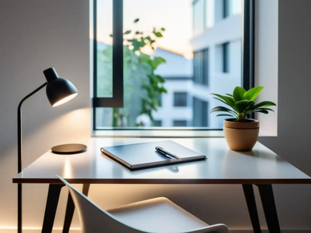 Escritorio minimalista iluminado por luz natural, con plantas y orden