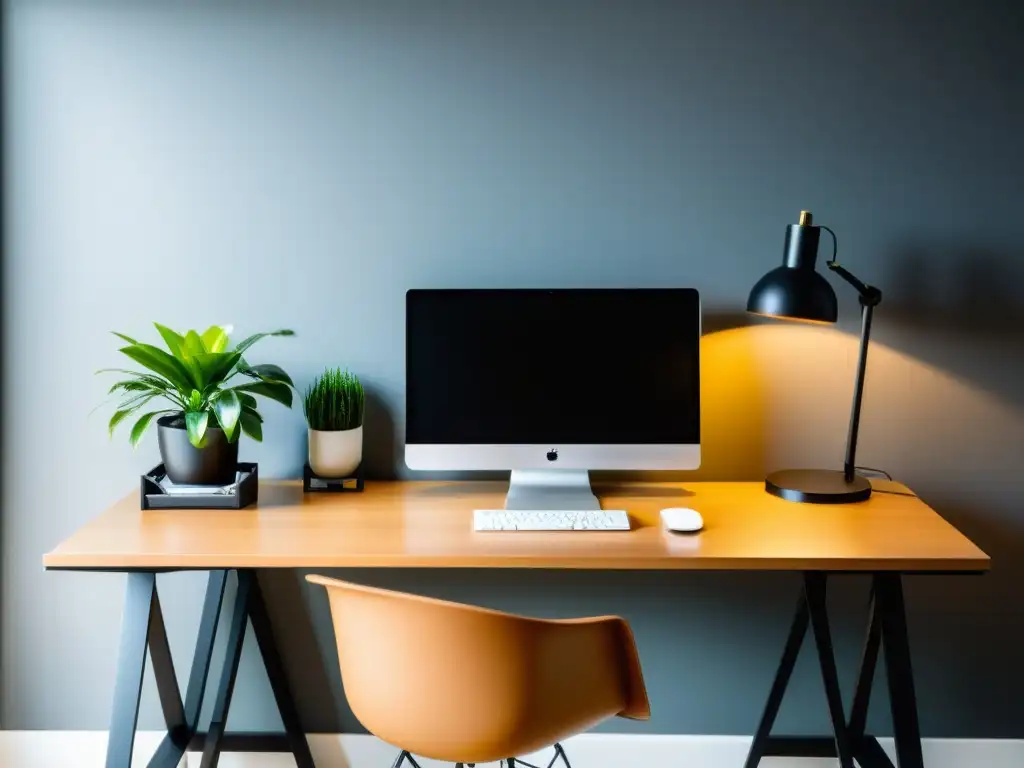 Un escritorio minimalista con monitor negro, planta y lámpara, siguiendo principios de Feng Shui para aumentar productividad