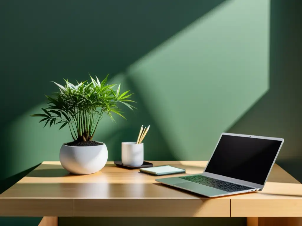 Un escritorio minimalista y organizado con plantas de bambú, un jardín zen y un símbolo yinyang, bañado por luz natural