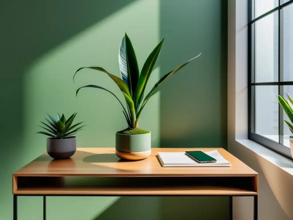 Un escritorio minimalista con una planta de interior vibrante y luz natural