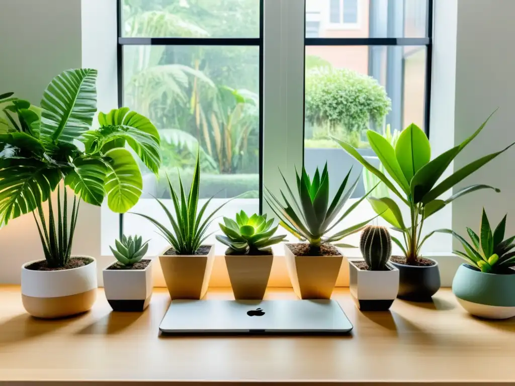 Un escritorio minimalista con plantas de interior para mejorar concentración, creando un ambiente sereno y productivo