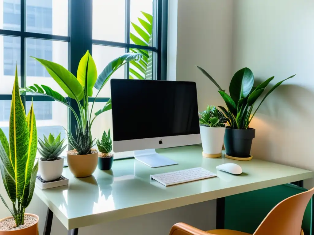 Un escritorio minimalista con plantas de interior para mejorar concentración, computadora, cuaderno y taza de té