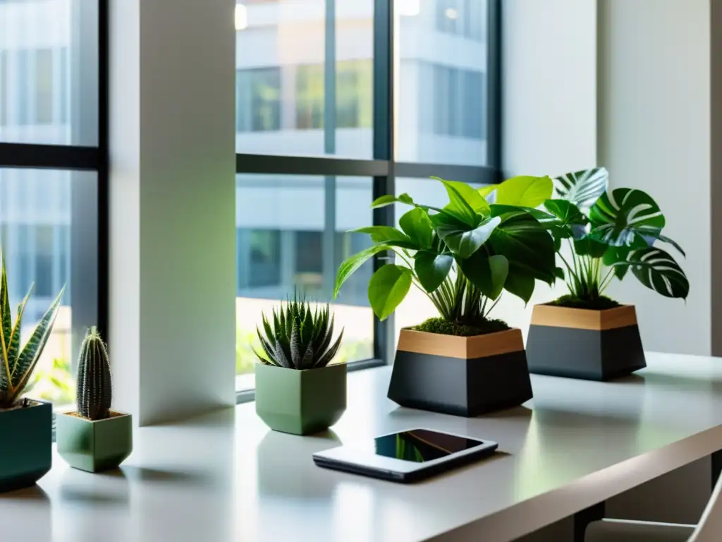 Un escritorio minimalista con plantas de interior en Feng Shui, creando un ambiente tranquilo y equilibrado bajo la suave luz natural