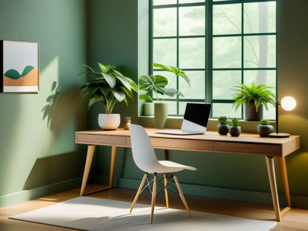 Escritorio minimalista con plantas, luz natural y música ambiente feng shui, generando calma y armonía para el trabajo