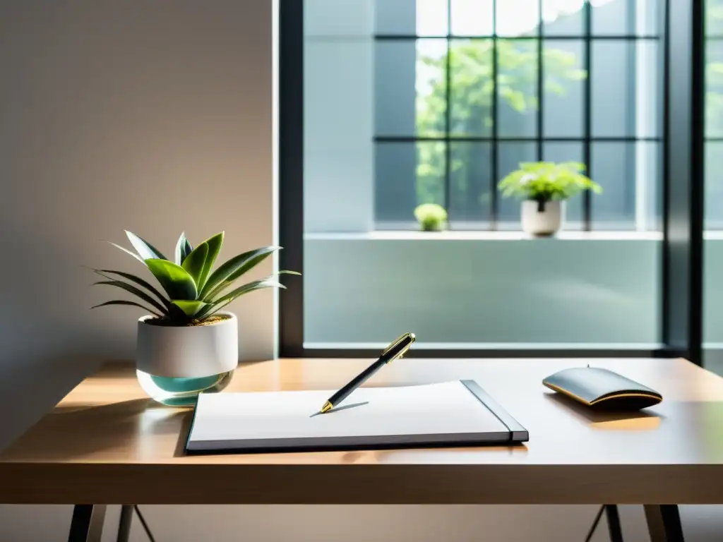 Un escritorio moderno y minimalista bañado por luz natural, con elementos Feng Shui para creatividad en trabajo