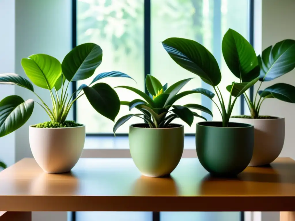 Escritorio moderno con plantas de interior para mejorar concentración en espacio tranquilo y acogedor