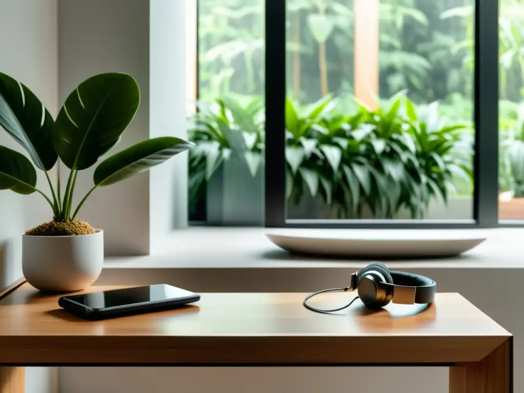 Un escritorio de oficina en casa minimalista con auriculares inalámbricos de alta gama en un soporte de madera