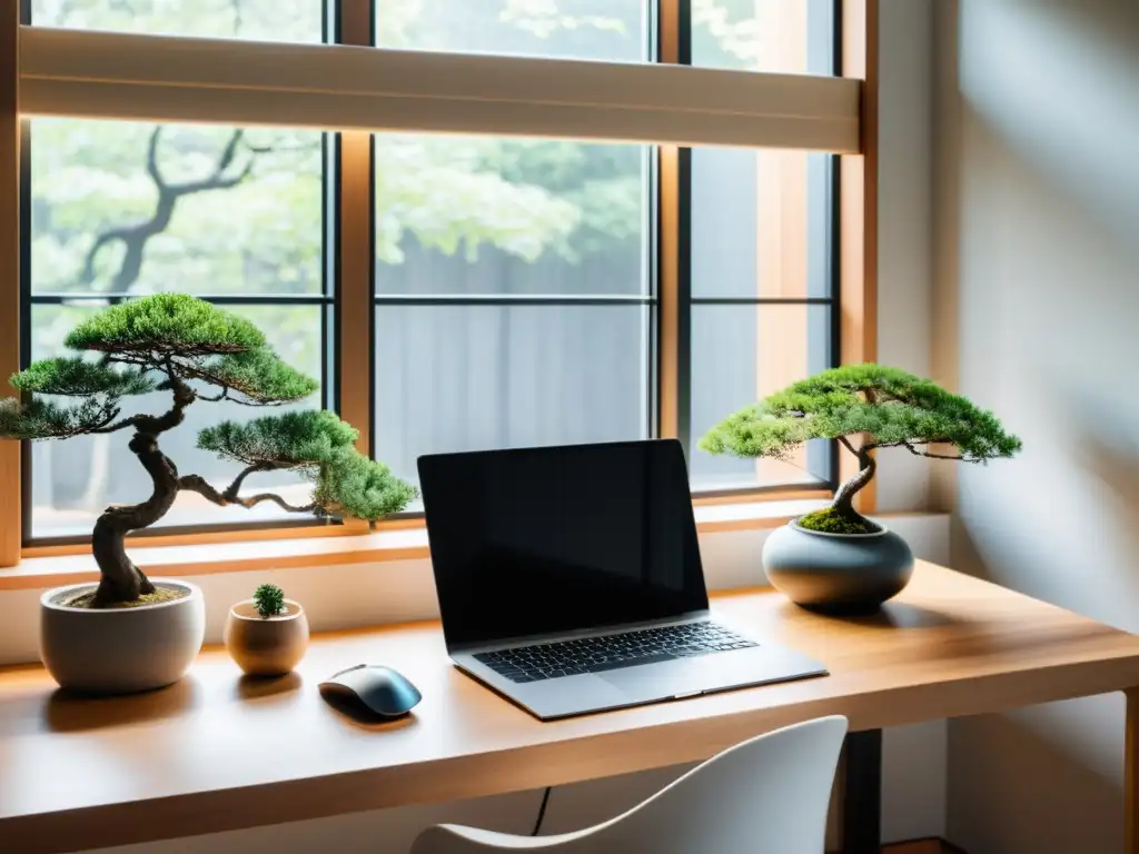 Escritorio de oficina minimalista con elementos de Feng Shui moderno: bonsái, jardín zen y lámpara