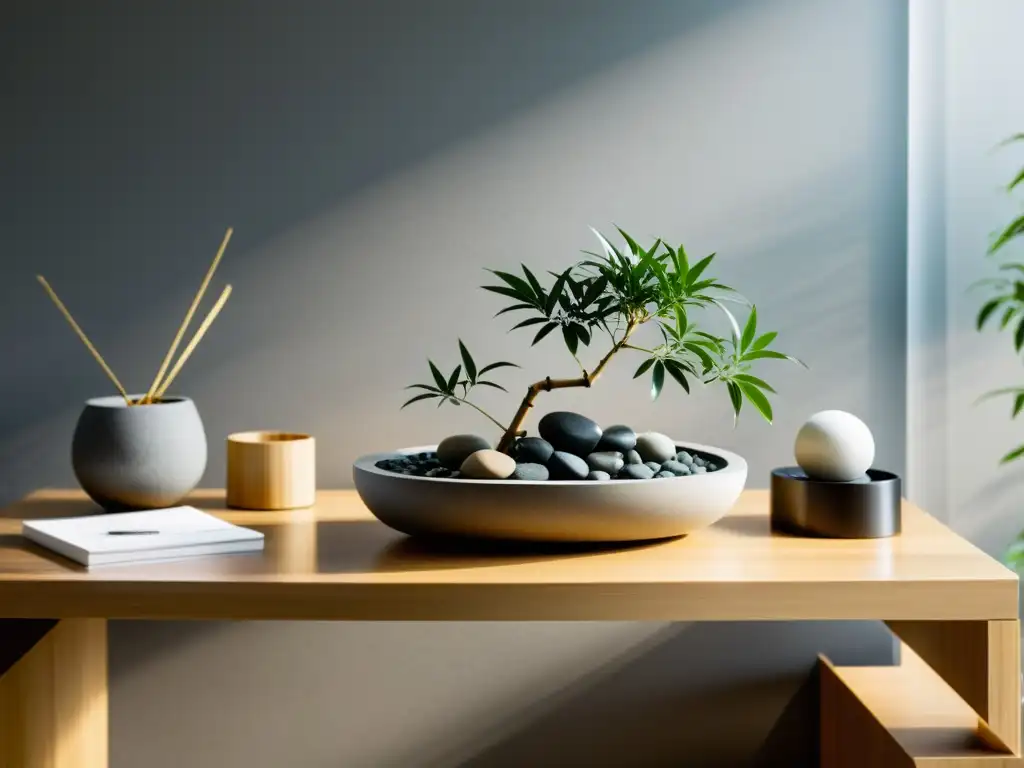 Un escritorio de oficina moderno y elegante, equilibrado con elementos de Feng Shui como plantas, agua, metal y madera